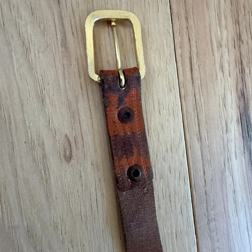 Vintage Beaded  Western Belt Women 34-36 Brown Leather Gold Buckle Festival Boho